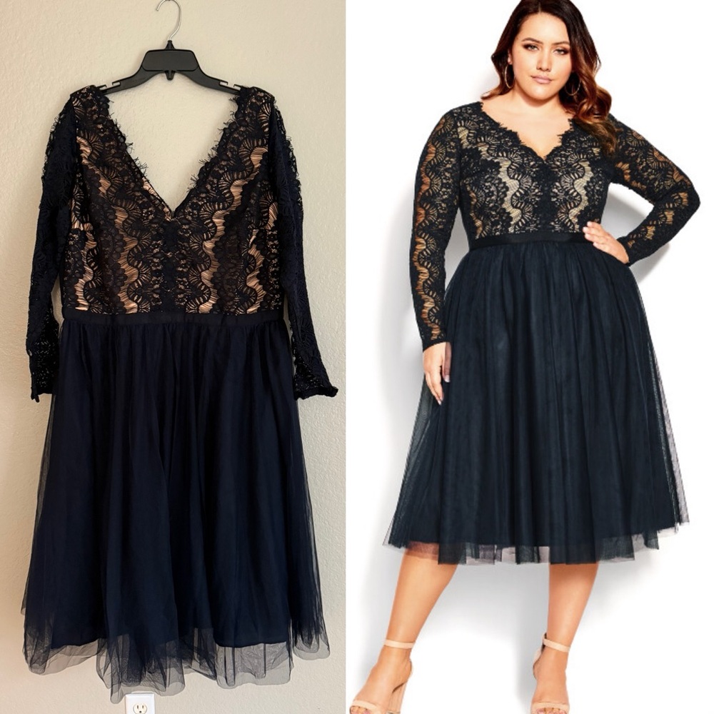 City Chic Plus Size Rare Beauty Tulle Long sleeve Midi Dress Navy